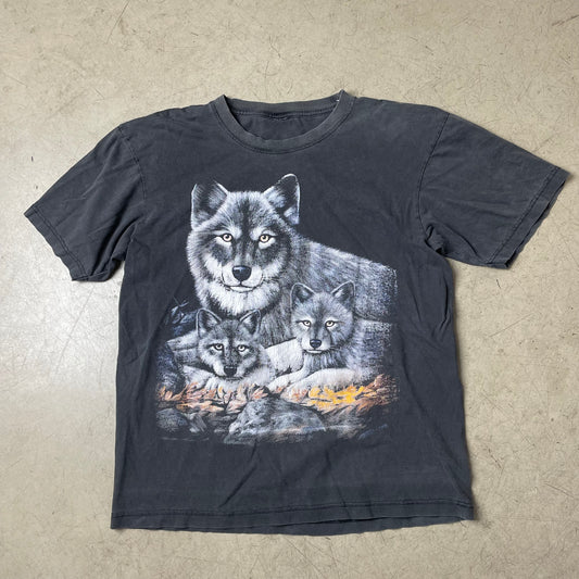 (L) Vintage Wolf Animal Print Tshirt faded schwarz