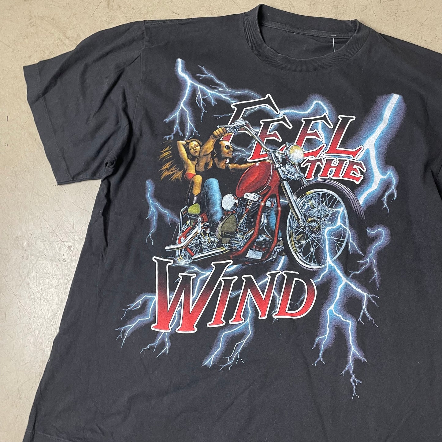 (XL) 1990s Biker „Feel the Wind“ Thunder Single Stich Tshirt schwarz