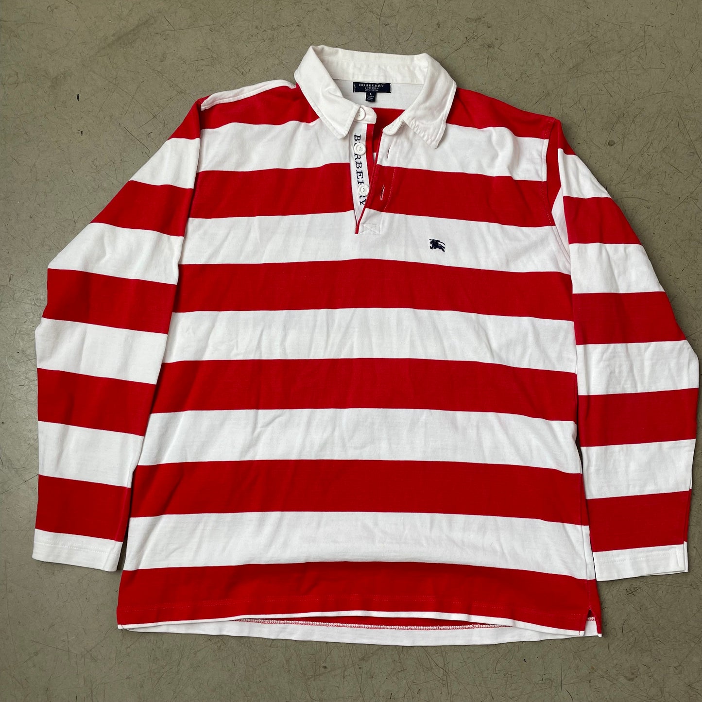 (L) Burberry Rugby Langarm Polo Longsleeve Shirt Rot Weiß gestreift