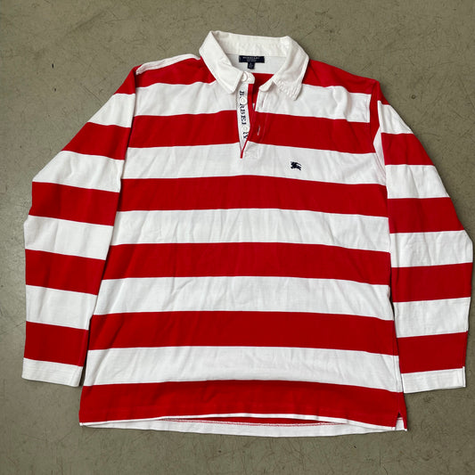 (L) Burberry Rugby Langarm Polo Longsleeve Shirt Rot Weiß gestreift