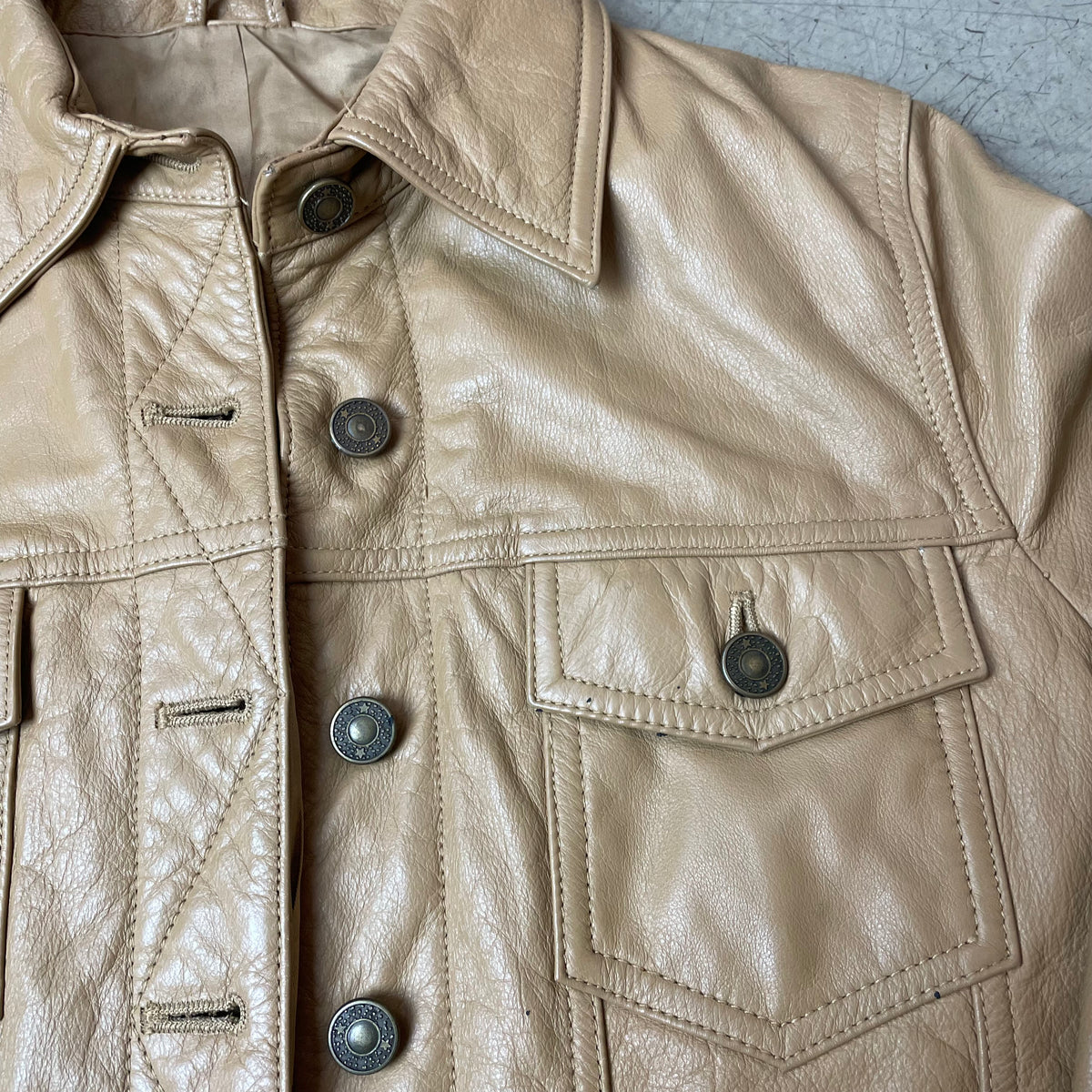 (M) Vintage Trucker Leder Jacke beige Wmn