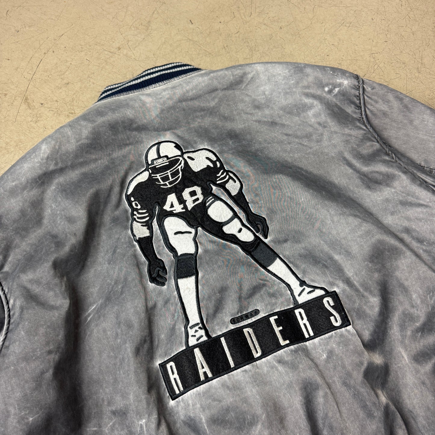 (XL) 1990s Campri Teamline Raiders Satin Bomberjacke Faded Grau