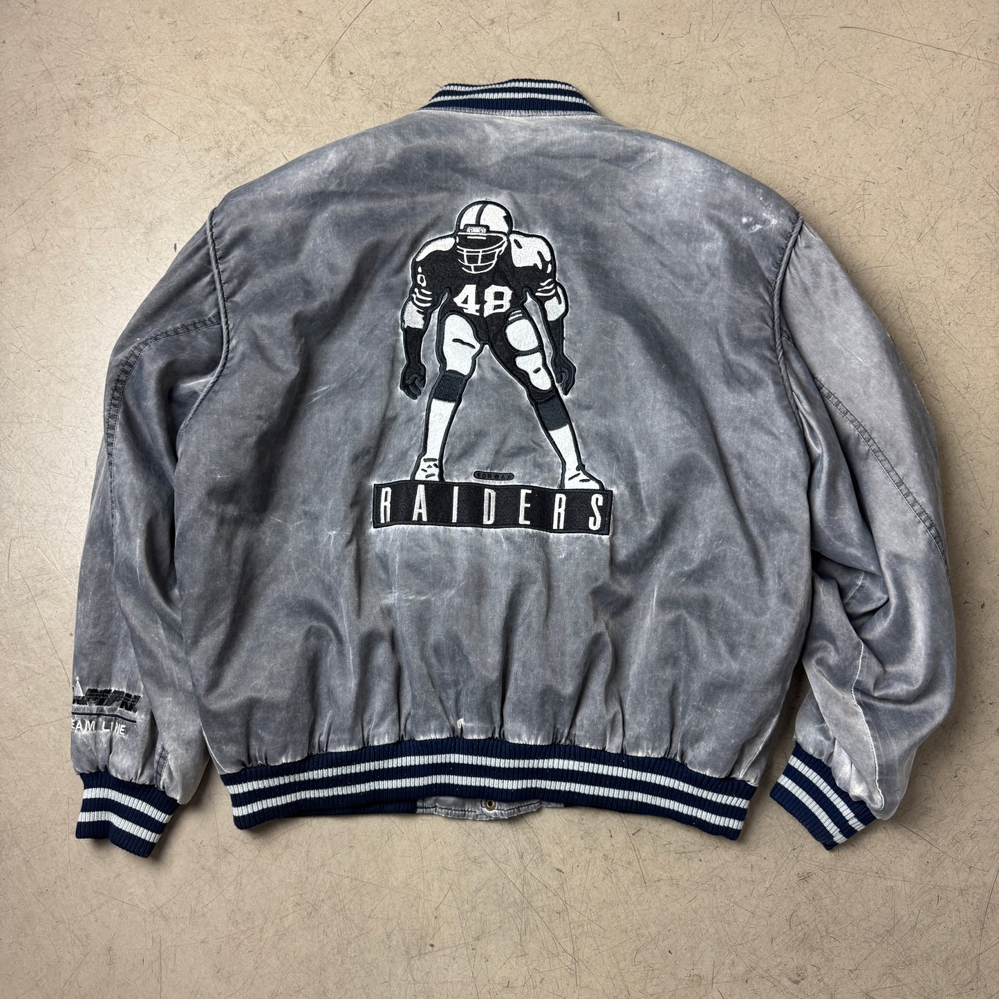 (XL) 1990s Campri Teamline Raiders Satin Bomberjacke Faded Grau