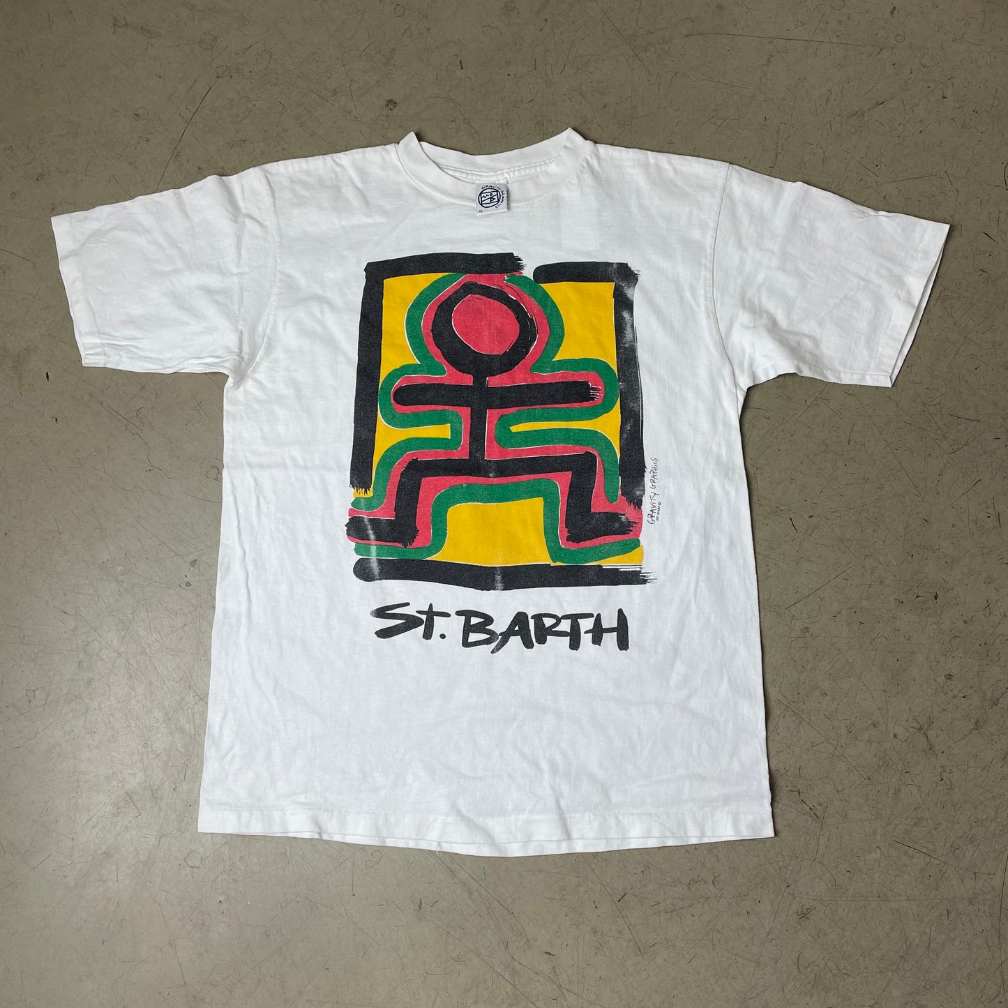 (XL) 1990s St Barth Print Souvenir Tshirt weiß Single Stitch