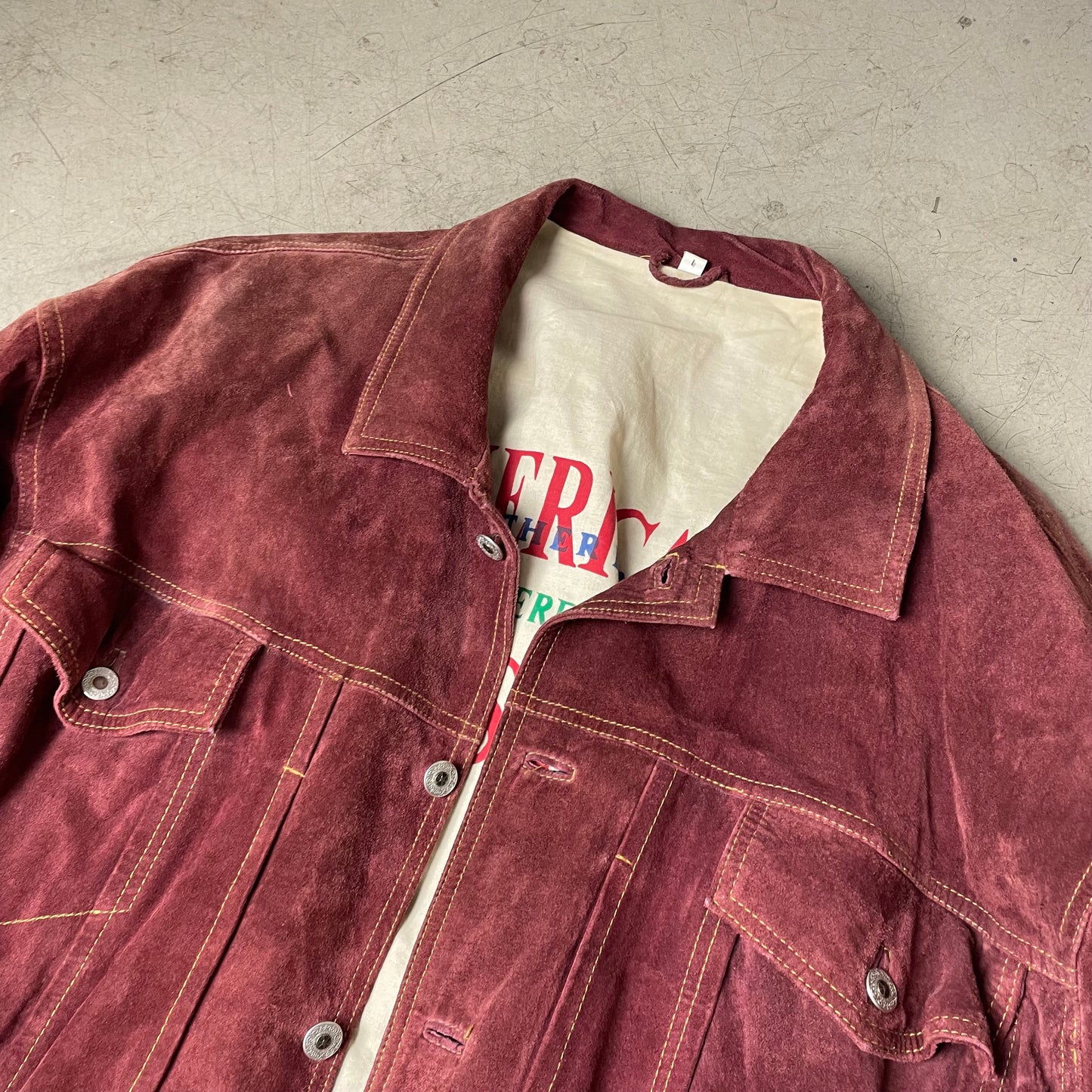 (L) 1990s Trucker Lederjacke Wildleder dunkelrot Burgundy