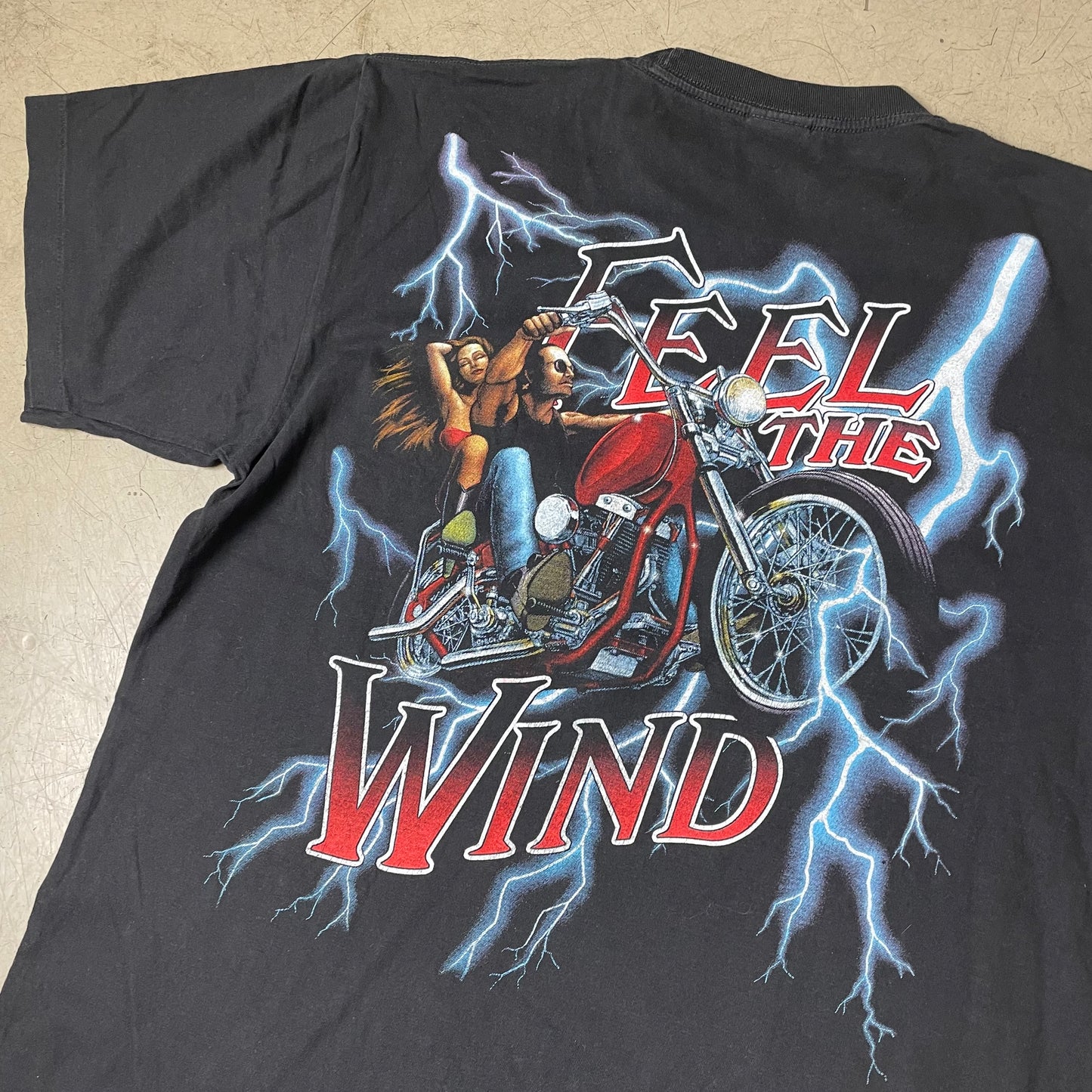 (XL) 1990s Biker „Feel the Wind“ Thunder Single Stich Tshirt schwarz