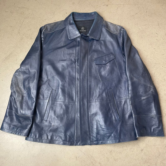 (XL) Vintage Mercedes Benz Lederjacke Mantel faded blau