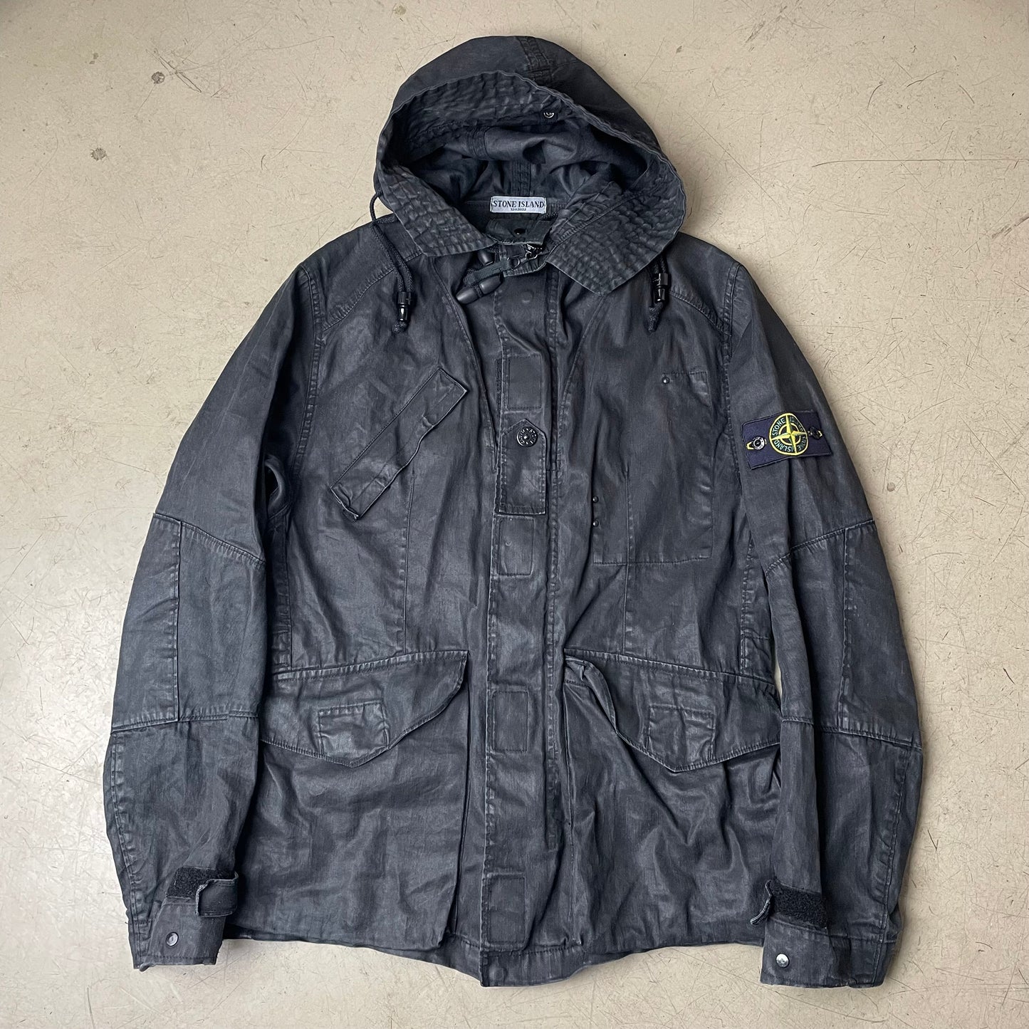 (M-L) Stone Island AW 2008 Lino Tela Hooded Jacket Waxed Cotton Black