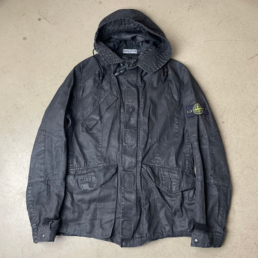 (M-L) Stone Island AW 2008 Lino Tela Hooded Jacket Waxed Cotton Black
