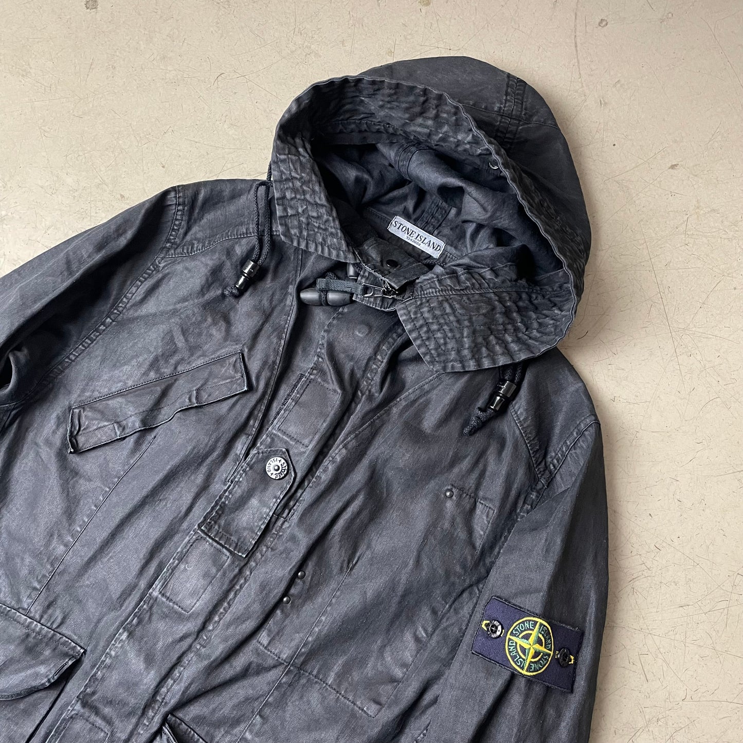 (M-L) Stone Island AW 2008 Lino Tela Hooded Jacket Waxed Cotton Black