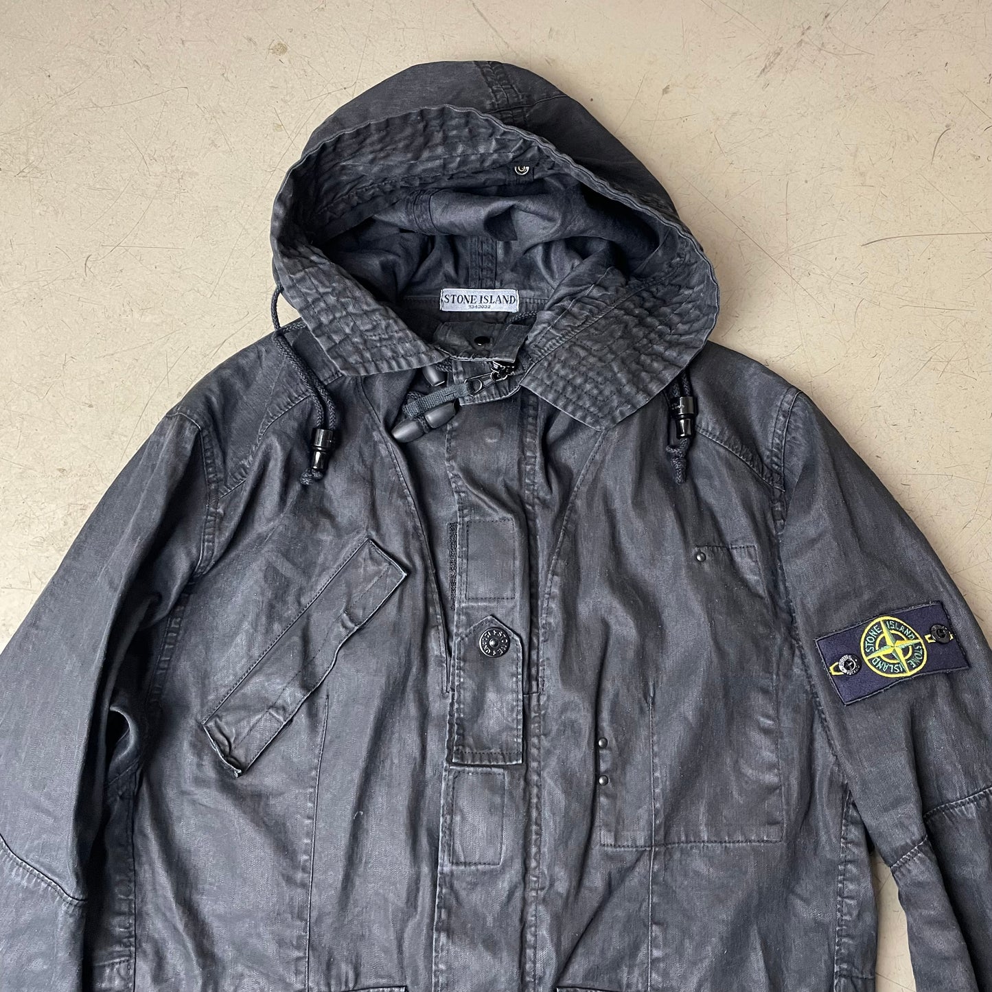 (M-L) Stone Island AW 2008 Lino Tela Hooded Jacket Waxed Cotton Black