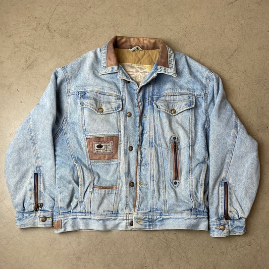 (M) 1980s Leder Jeansjacke hellblau braun