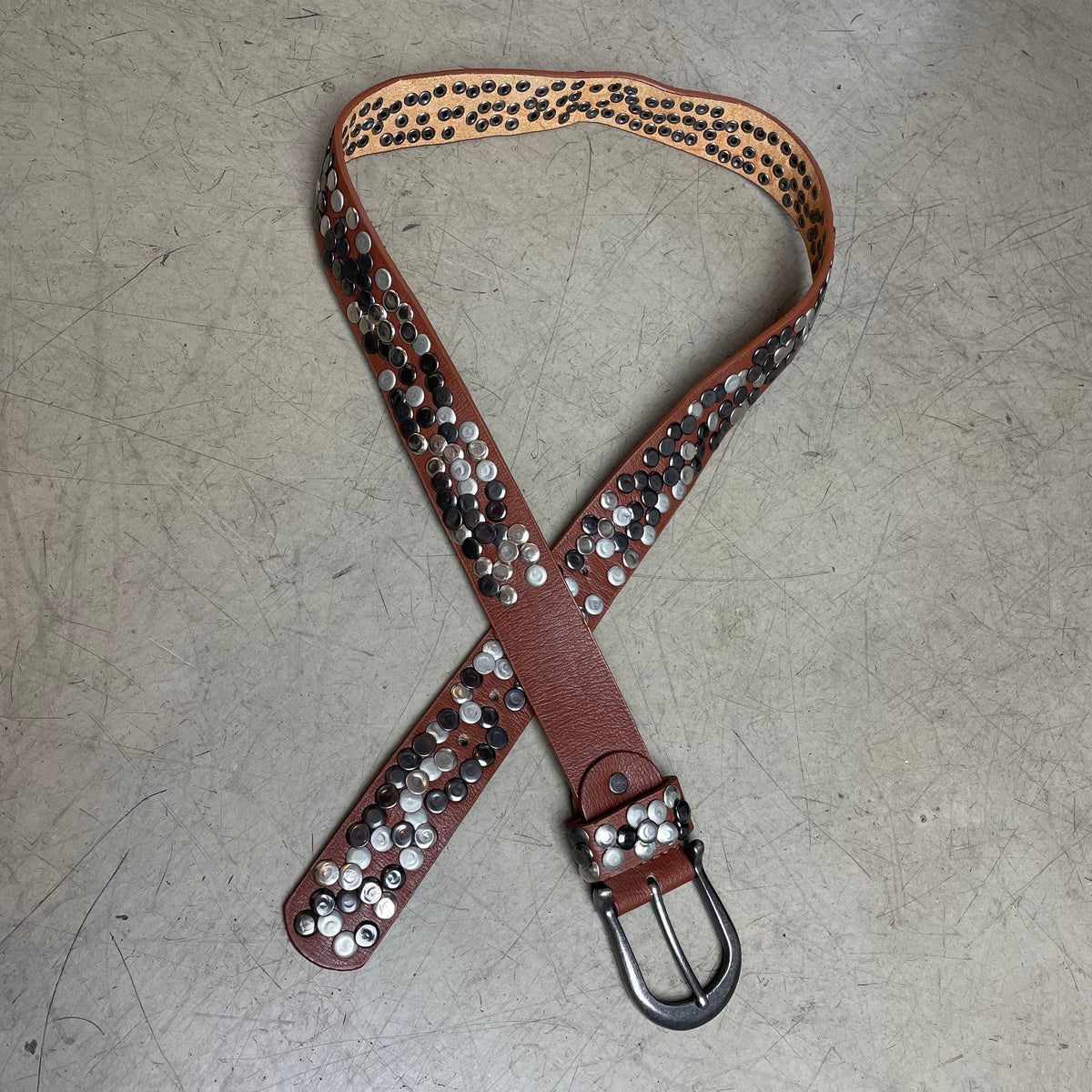 Vintage Studded Ledergürtel Silber braun 120cm