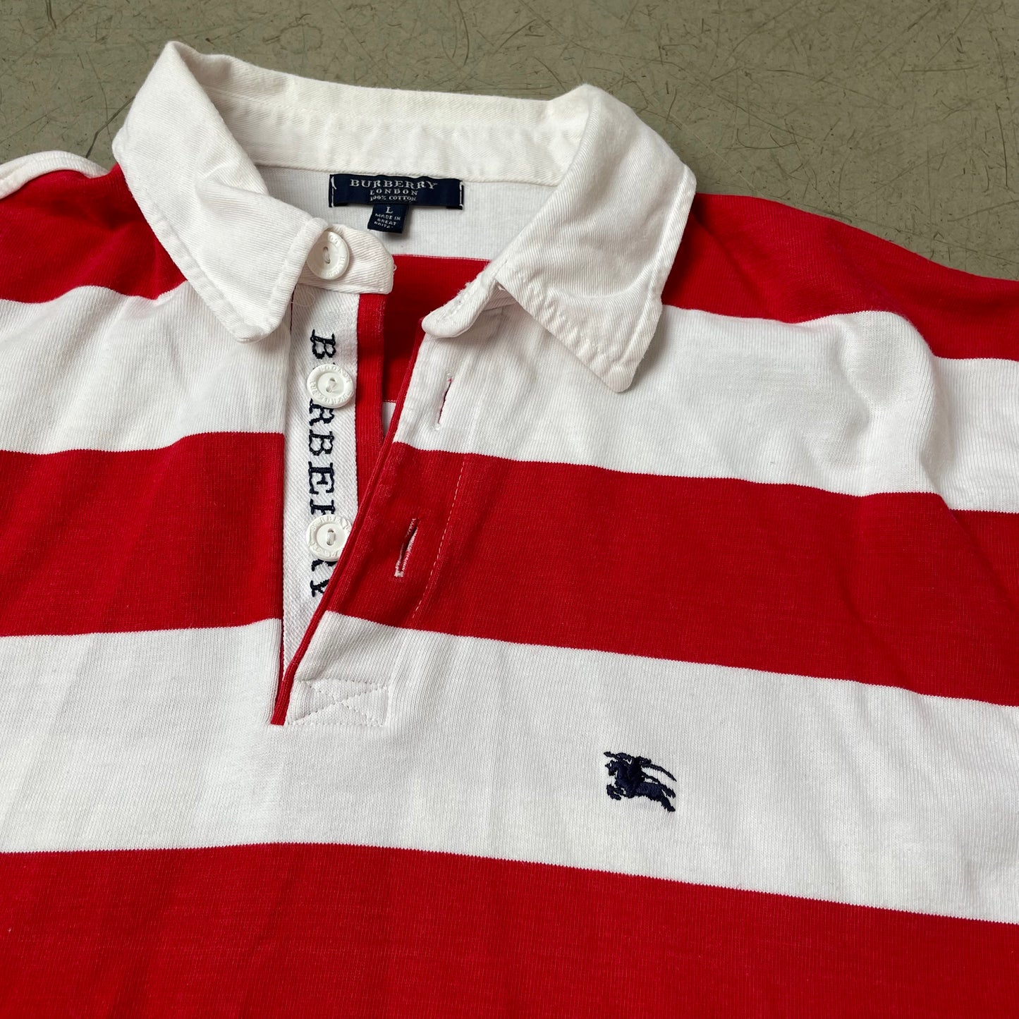 (L) Burberry Rugby Langarm Polo Longsleeve Shirt Rot Weiß gestreift