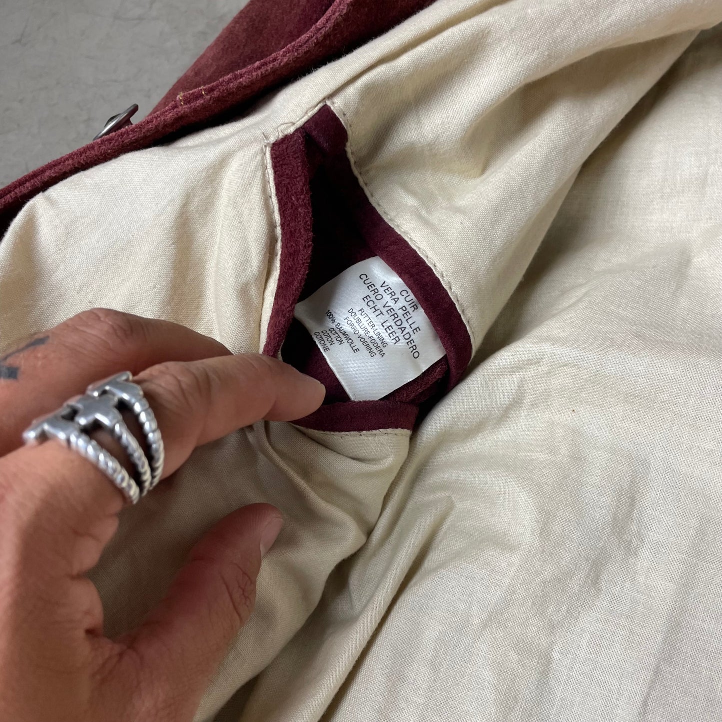 (L) 1990s Trucker Lederjacke Wildleder dunkelrot Burgundy