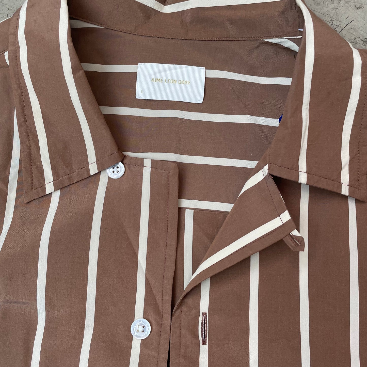 (L) Aime Leon Dore Kurzarm Hemd Shirt gestreift braun weiß