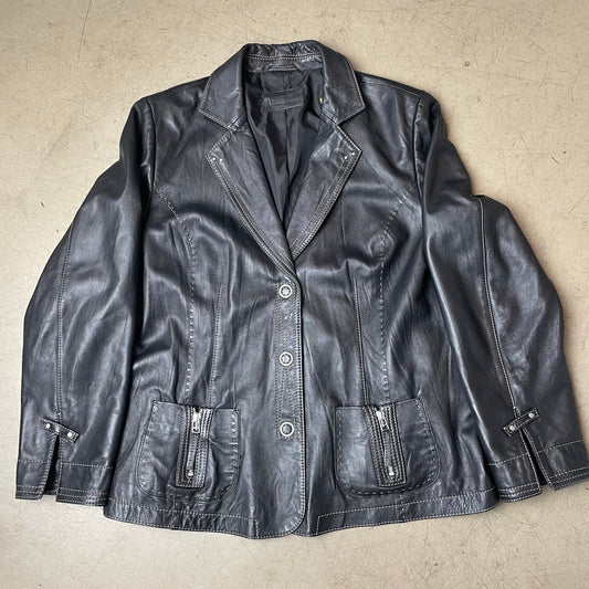 (L-XL) Lederjacke schwarz Kontrastnähte Knopfleiste