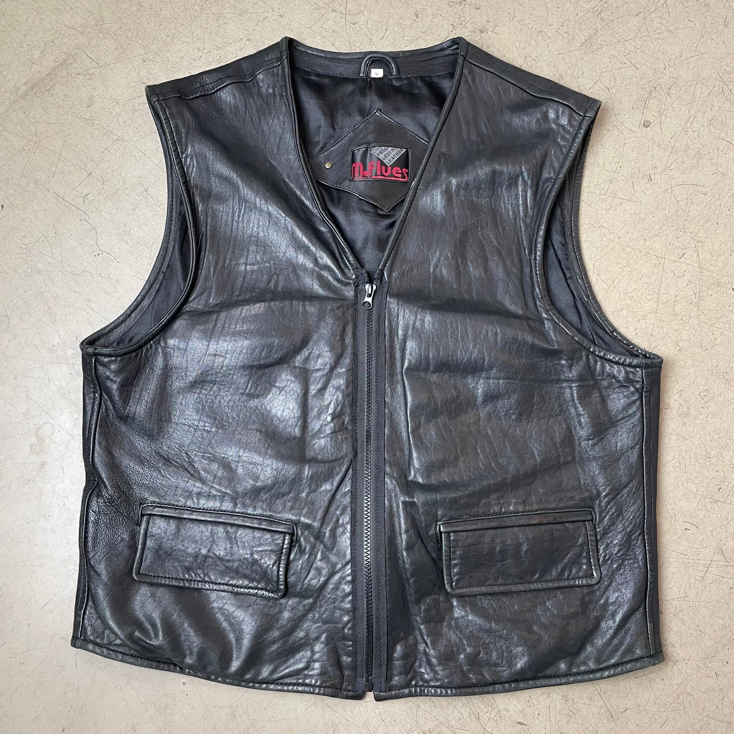 (L) Leder Biker Front Pocket Weste schwarz