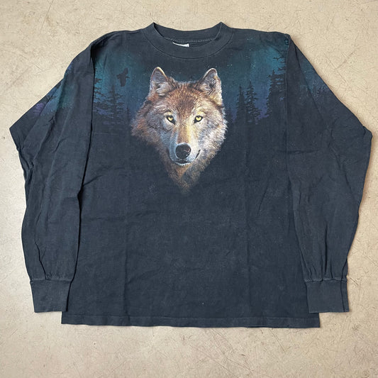 (L) 1990s Wolf Animal Print Longsleeve Langarm schwarz