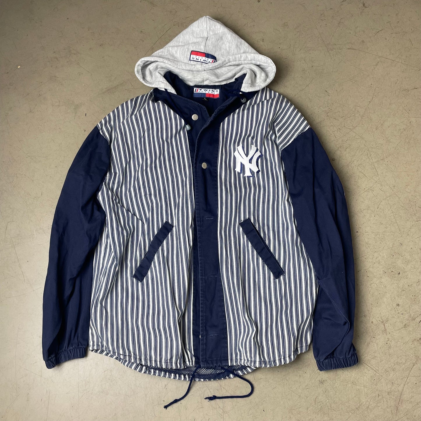 (XL) 1990s Twins Apparel NY Yankees Pin Striped Baseball Hoodie blau weiß