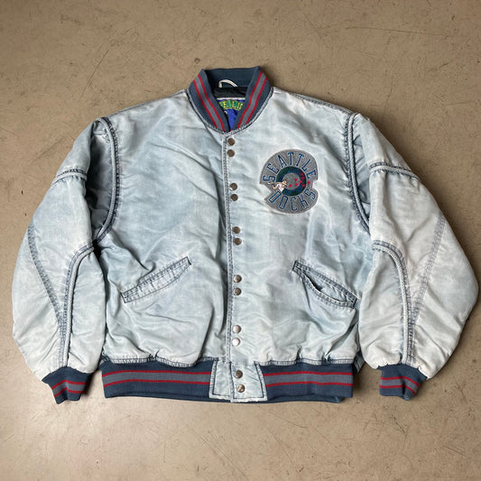 (S-M) 1980s Life Line Seattle Docks Satin Bomberjacke grau blau