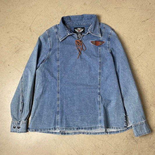 (L) WMN 1990s Harley Davidson Denim Hemd Jeans Shirt blau