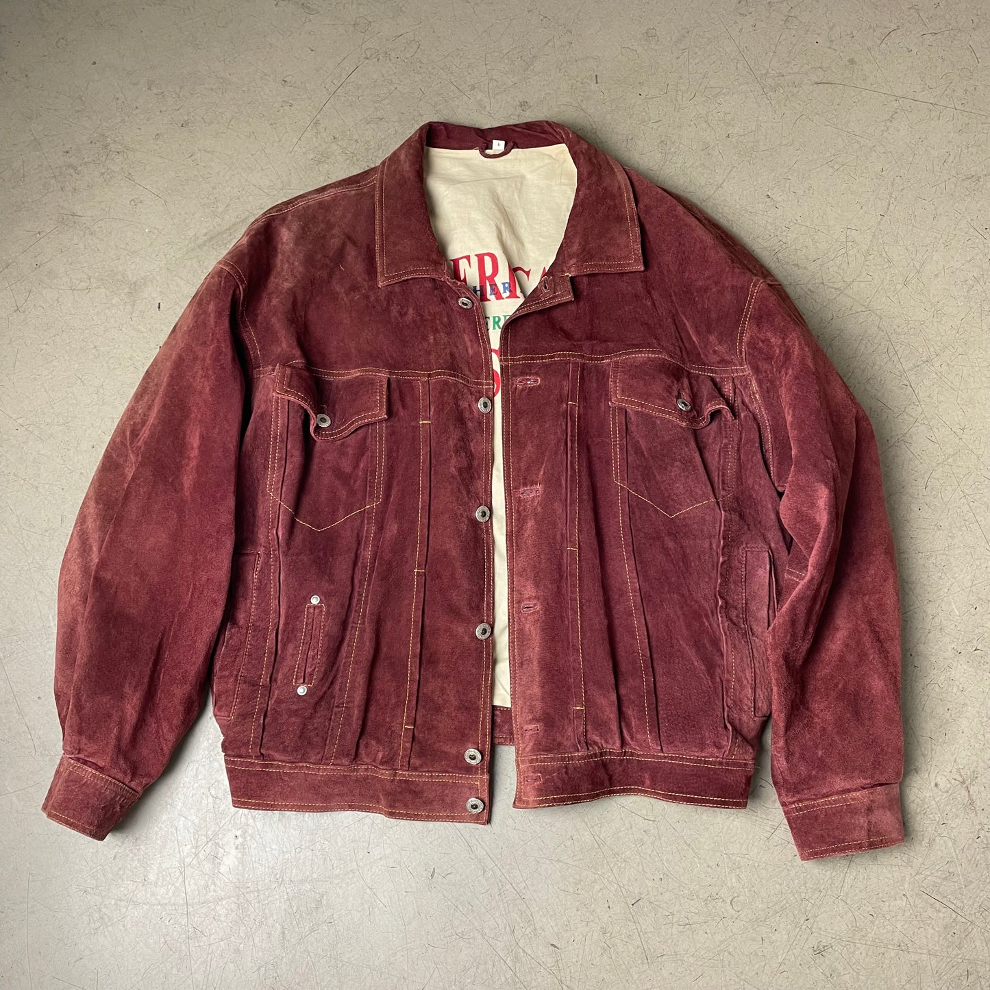 (L) 1990s Trucker Lederjacke Wildleder dunkelrot Burgundy