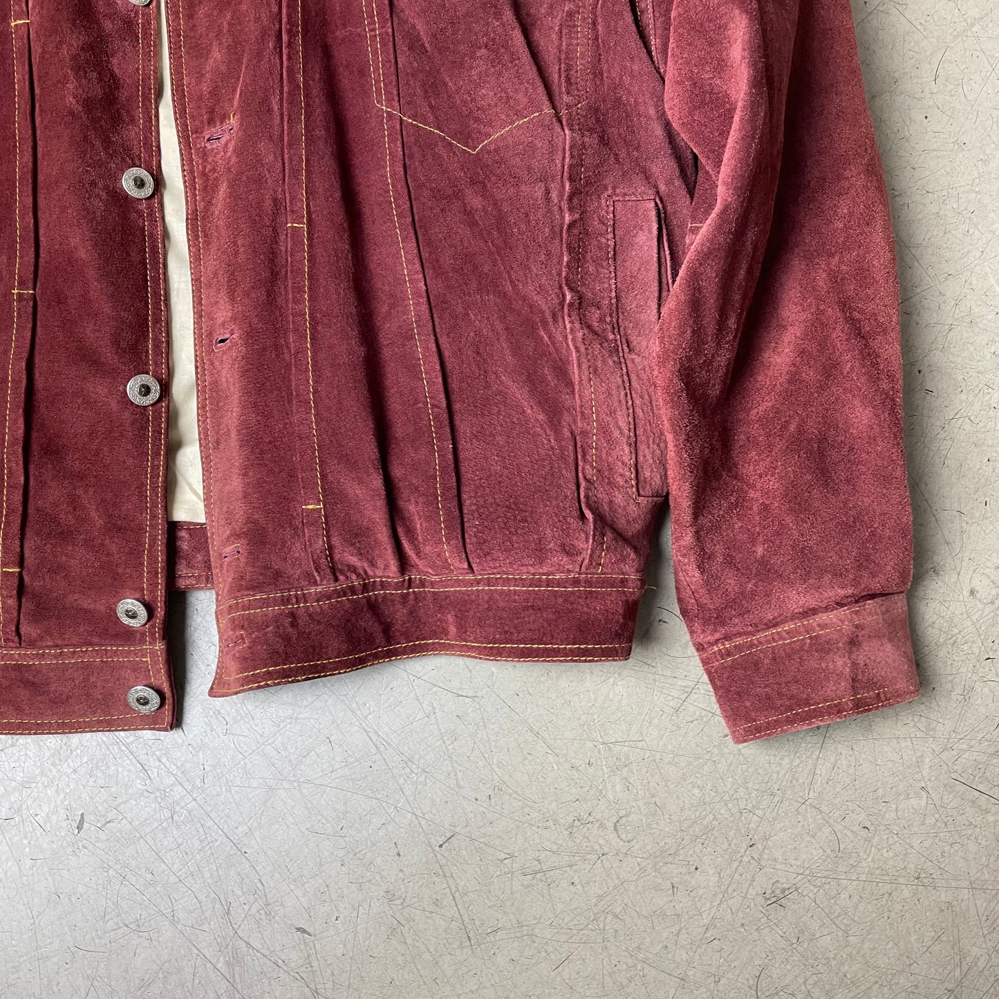 (L) 1990s Trucker Lederjacke Wildleder dunkelrot Burgundy