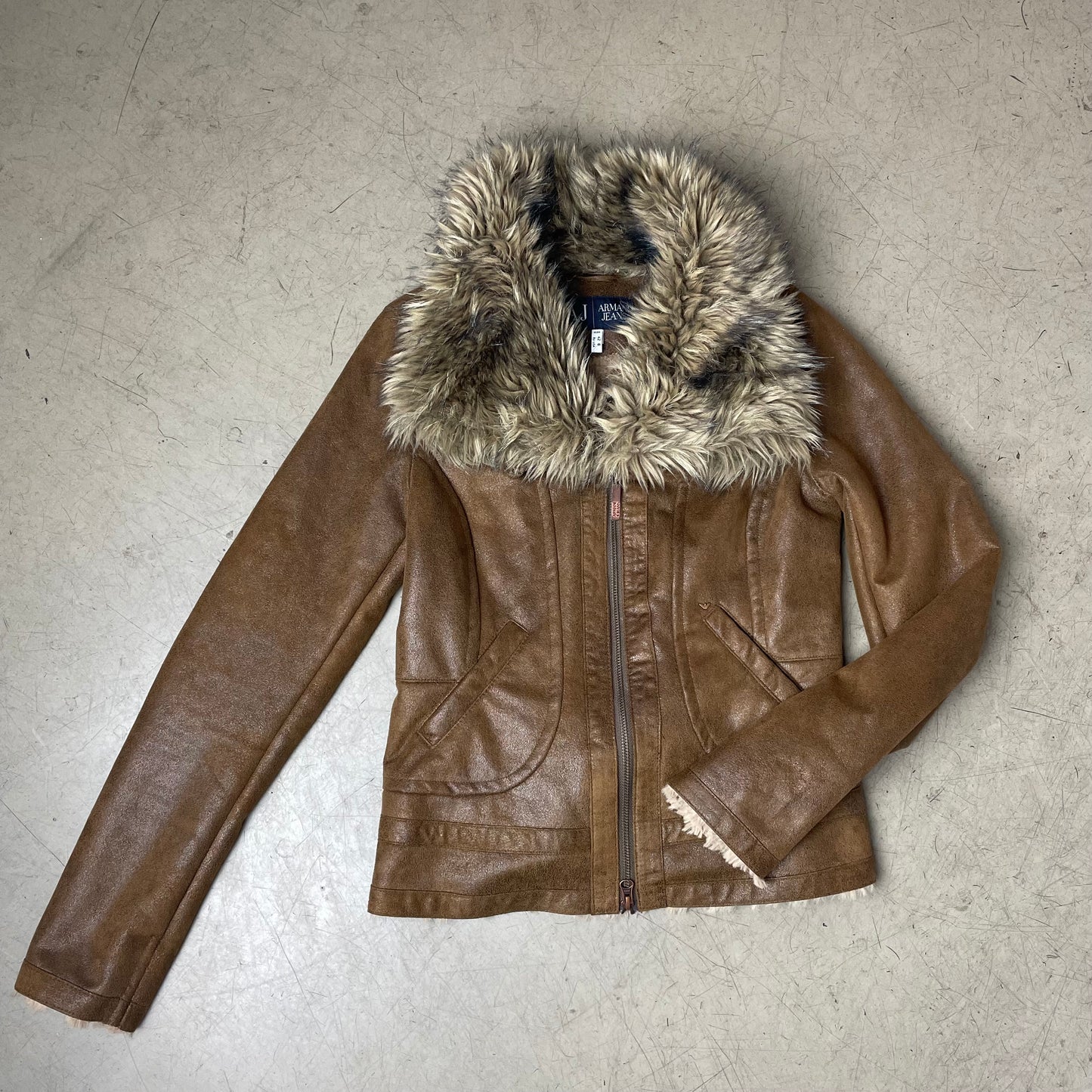 (M) Vintage Armani Jeans Fake Fur Jacke beige braun gefüttert cropped