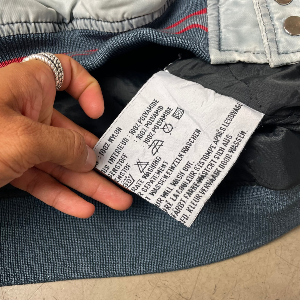 (S-M) 1980s Life Line Seattle Docks Satin Bomberjacke grau blau