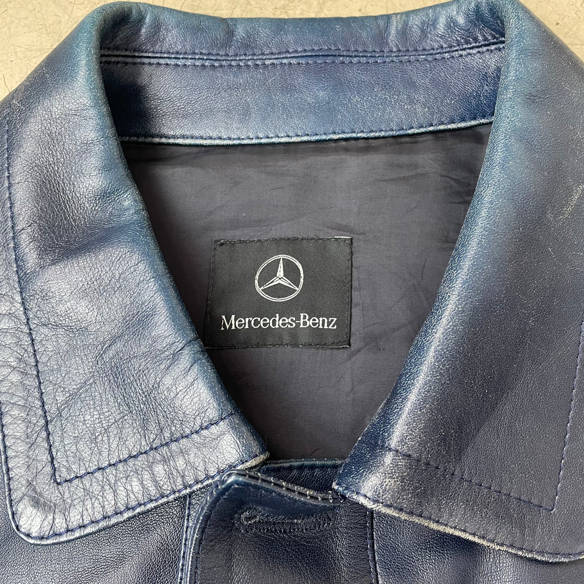 (XL) Vintage Mercedes Benz Lederjacke Mantel faded blau