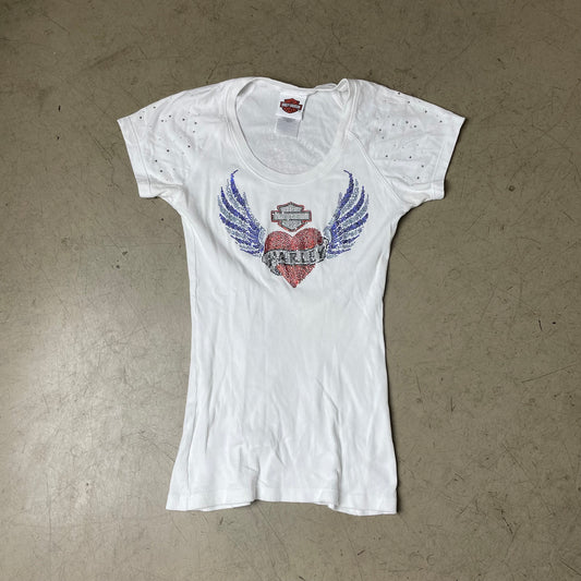 (M) 2000s Y2K Harley Davidson Ribbed Wmn Tshirt weiß Strasssteine Heart