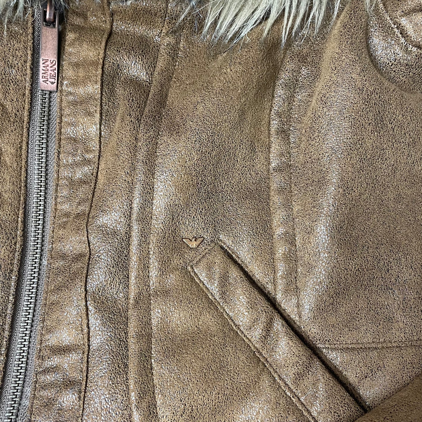 (M) Vintage Armani Jeans Fake Fur Jacke beige braun gefüttert cropped
