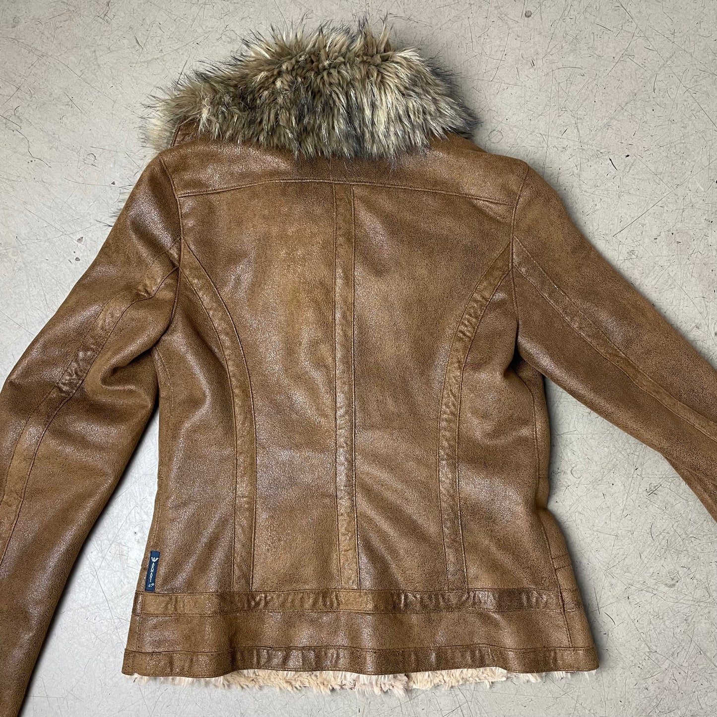 (M) Vintage Armani Jeans Fake Fur Jacke beige braun gefüttert cropped