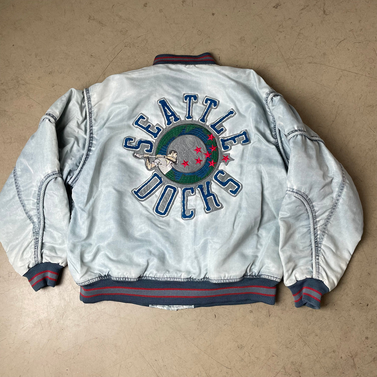 (S-M) 1980s Life Line Seattle Docks Satin Bomberjacke grau blau