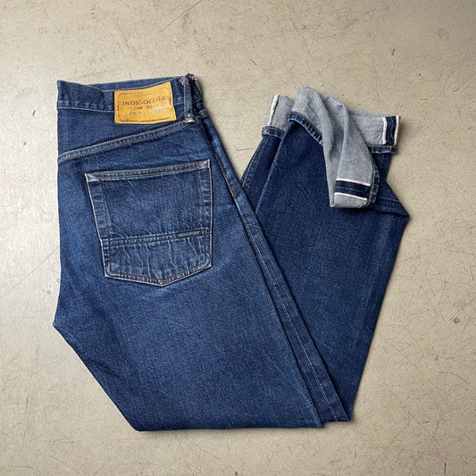 (M-L) Indigofera Clint Selvage Selvedge Denim Jeanshose blau W32/L32